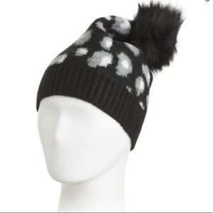 NWT Rebecca Minkoff Black Leopard Print Knit Beanie Hat w Pom Pom NWT One Size